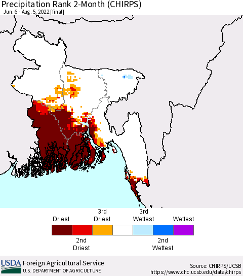 Bangladesh Precipitation Rank since 1981, 2-Month (CHIRPS) Thematic Map For 6/6/2022 - 8/5/2022