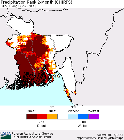 Bangladesh Precipitation Rank since 1981, 2-Month (CHIRPS) Thematic Map For 6/11/2022 - 8/10/2022