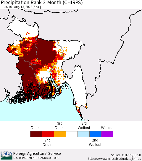 Bangladesh Precipitation Rank since 1981, 2-Month (CHIRPS) Thematic Map For 6/16/2022 - 8/15/2022
