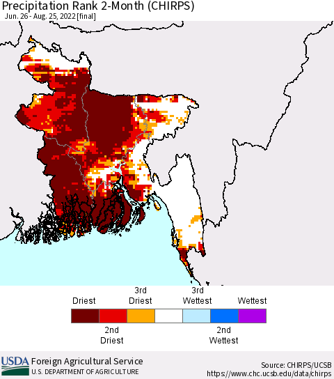 Bangladesh Precipitation Rank since 1981, 2-Month (CHIRPS) Thematic Map For 6/26/2022 - 8/25/2022