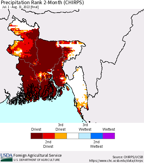 Bangladesh Precipitation Rank since 1981, 2-Month (CHIRPS) Thematic Map For 7/1/2022 - 8/31/2022