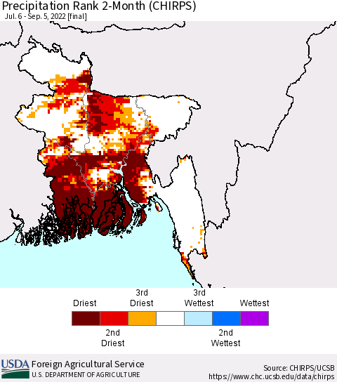 Bangladesh Precipitation Rank since 1981, 2-Month (CHIRPS) Thematic Map For 7/6/2022 - 9/5/2022
