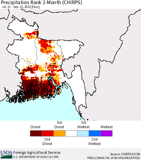 Bangladesh Precipitation Rank since 1981, 2-Month (CHIRPS) Thematic Map For 7/11/2022 - 9/10/2022