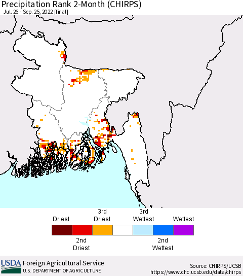 Bangladesh Precipitation Rank since 1981, 2-Month (CHIRPS) Thematic Map For 7/26/2022 - 9/25/2022