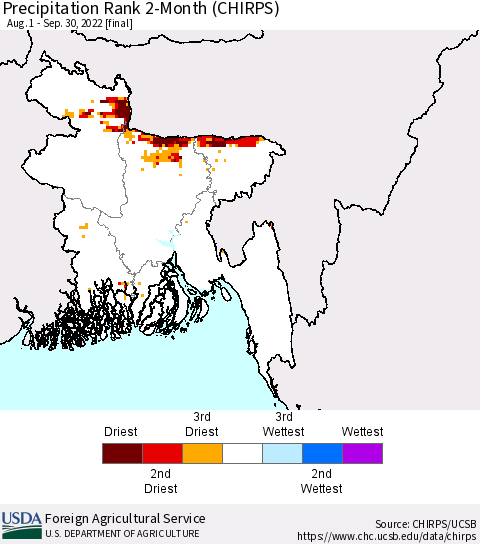 Bangladesh Precipitation Rank since 1981, 2-Month (CHIRPS) Thematic Map For 8/1/2022 - 9/30/2022