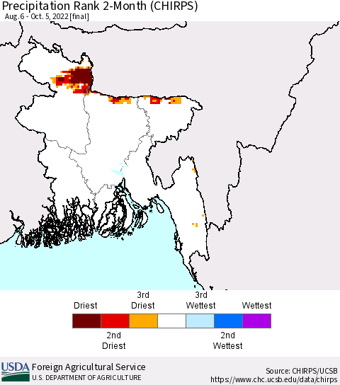 Bangladesh Precipitation Rank since 1981, 2-Month (CHIRPS) Thematic Map For 8/6/2022 - 10/5/2022