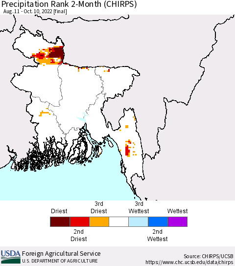 Bangladesh Precipitation Rank since 1981, 2-Month (CHIRPS) Thematic Map For 8/11/2022 - 10/10/2022