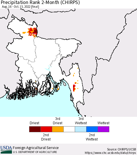 Bangladesh Precipitation Rank since 1981, 2-Month (CHIRPS) Thematic Map For 8/16/2022 - 10/15/2022
