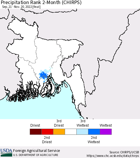 Bangladesh Precipitation Rank since 1981, 2-Month (CHIRPS) Thematic Map For 9/21/2022 - 11/20/2022
