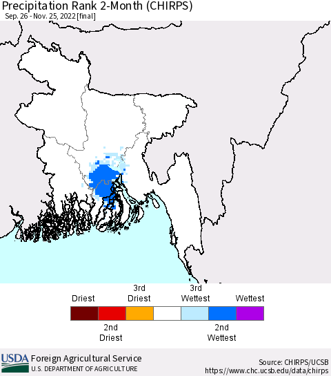 Bangladesh Precipitation Rank since 1981, 2-Month (CHIRPS) Thematic Map For 9/26/2022 - 11/25/2022