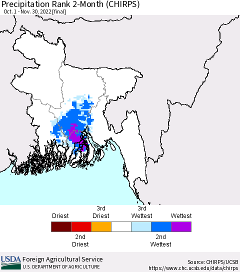 Bangladesh Precipitation Rank since 1981, 2-Month (CHIRPS) Thematic Map For 10/1/2022 - 11/30/2022