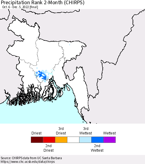Bangladesh Precipitation Rank since 1981, 2-Month (CHIRPS) Thematic Map For 10/6/2022 - 12/5/2022