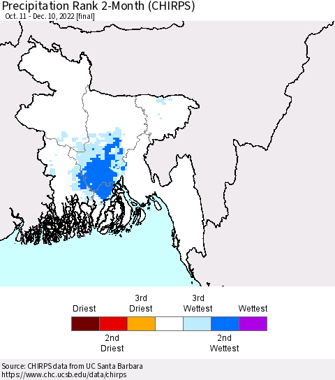 Bangladesh Precipitation Rank since 1981, 2-Month (CHIRPS) Thematic Map For 10/11/2022 - 12/10/2022