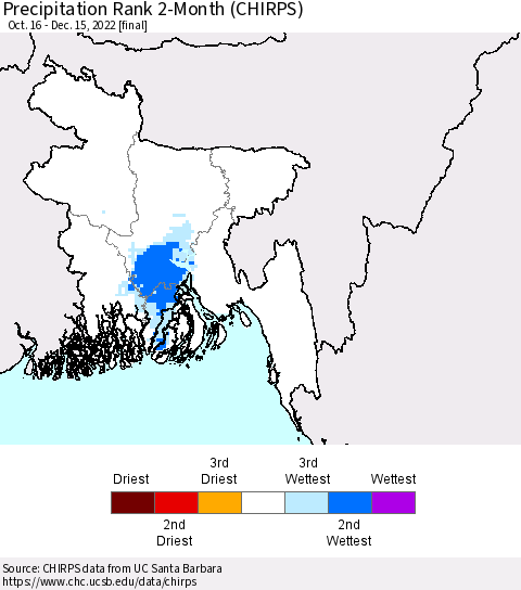 Bangladesh Precipitation Rank since 1981, 2-Month (CHIRPS) Thematic Map For 10/16/2022 - 12/15/2022
