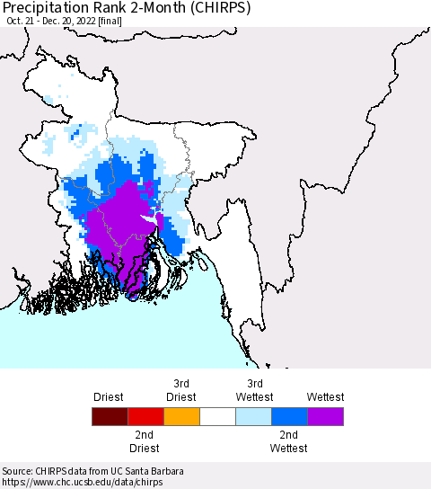 Bangladesh Precipitation Rank since 1981, 2-Month (CHIRPS) Thematic Map For 10/21/2022 - 12/20/2022