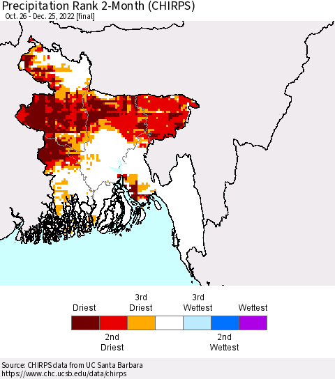 Bangladesh Precipitation Rank since 1981, 2-Month (CHIRPS) Thematic Map For 10/26/2022 - 12/25/2022
