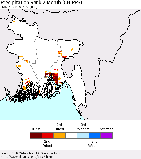 Bangladesh Precipitation Rank since 1981, 2-Month (CHIRPS) Thematic Map For 11/6/2022 - 1/5/2023
