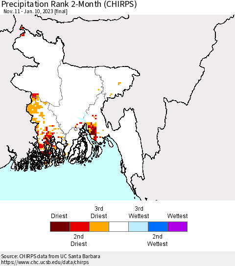 Bangladesh Precipitation Rank since 1981, 2-Month (CHIRPS) Thematic Map For 11/11/2022 - 1/10/2023