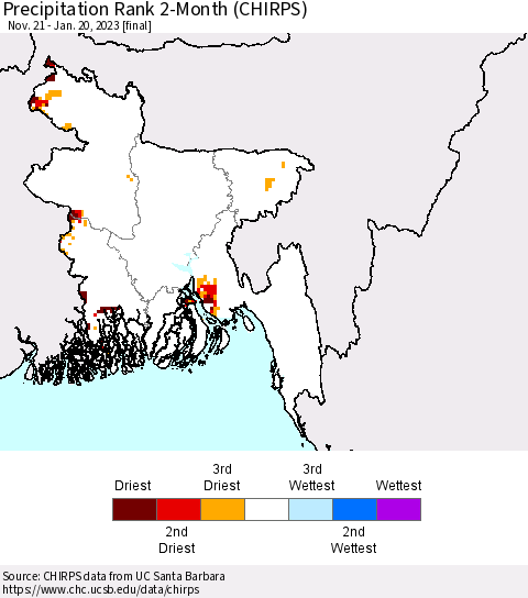Bangladesh Precipitation Rank since 1981, 2-Month (CHIRPS) Thematic Map For 11/21/2022 - 1/20/2023