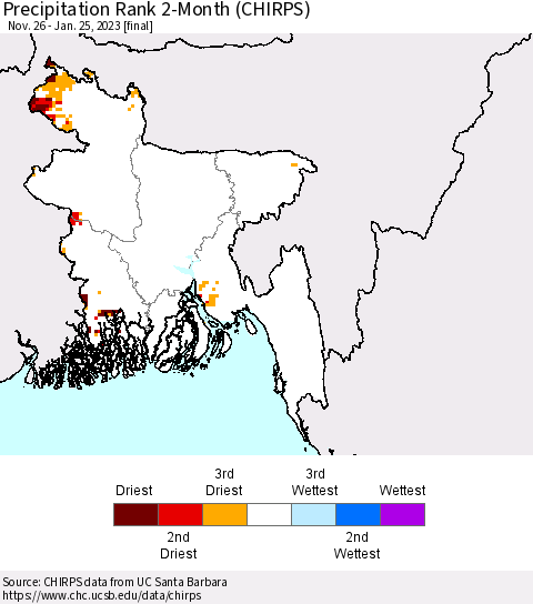 Bangladesh Precipitation Rank since 1981, 2-Month (CHIRPS) Thematic Map For 11/26/2022 - 1/25/2023