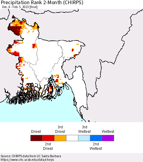 Bangladesh Precipitation Rank since 1981, 2-Month (CHIRPS) Thematic Map For 12/6/2022 - 2/5/2023