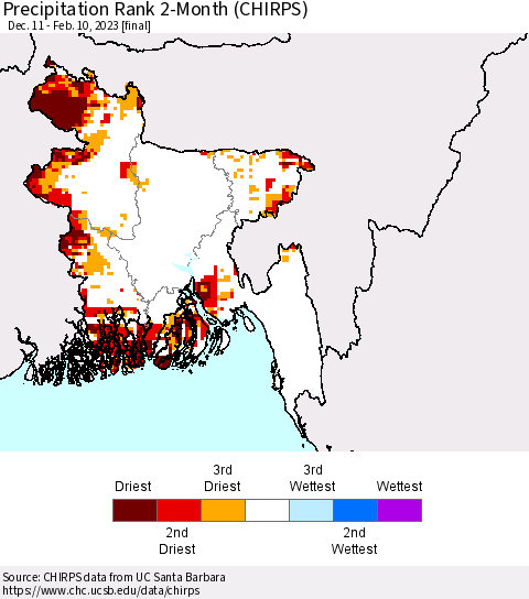 Bangladesh Precipitation Rank since 1981, 2-Month (CHIRPS) Thematic Map For 12/11/2022 - 2/10/2023