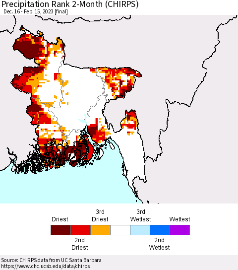 Bangladesh Precipitation Rank since 1981, 2-Month (CHIRPS) Thematic Map For 12/16/2022 - 2/15/2023