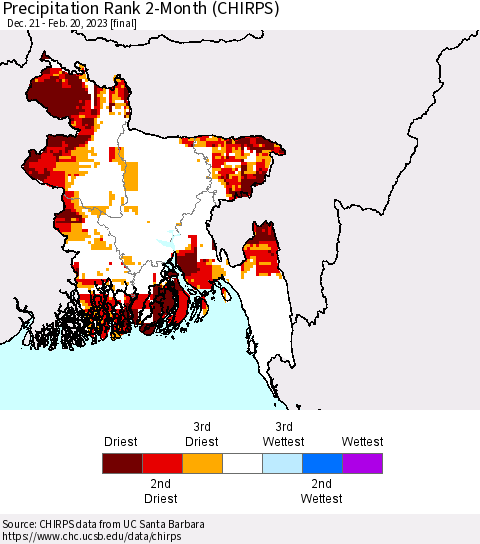 Bangladesh Precipitation Rank since 1981, 2-Month (CHIRPS) Thematic Map For 12/21/2022 - 2/20/2023