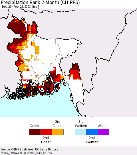 Bangladesh Precipitation Rank since 1981, 2-Month (CHIRPS) Thematic Map For 12/26/2022 - 2/25/2023