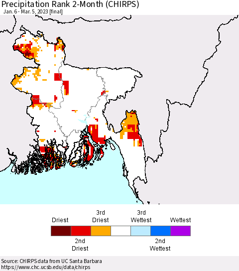 Bangladesh Precipitation Rank since 1981, 2-Month (CHIRPS) Thematic Map For 1/6/2023 - 3/5/2023
