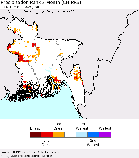 Bangladesh Precipitation Rank since 1981, 2-Month (CHIRPS) Thematic Map For 1/11/2023 - 3/10/2023
