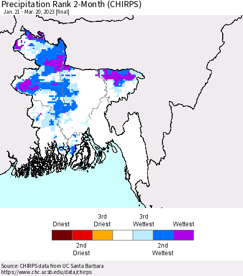 Bangladesh Precipitation Rank since 1981, 2-Month (CHIRPS) Thematic Map For 1/21/2023 - 3/20/2023