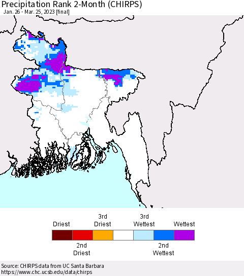 Bangladesh Precipitation Rank since 1981, 2-Month (CHIRPS) Thematic Map For 1/26/2023 - 3/25/2023
