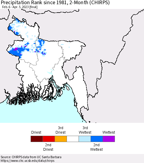 Bangladesh Precipitation Rank since 1981, 2-Month (CHIRPS) Thematic Map For 2/6/2023 - 4/5/2023