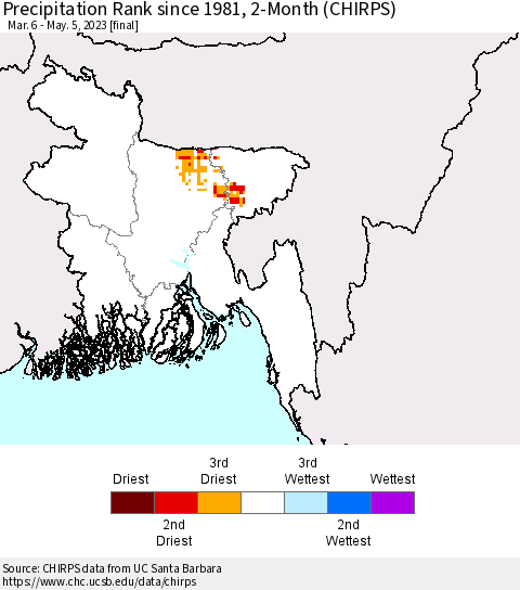 Bangladesh Precipitation Rank since 1981, 2-Month (CHIRPS) Thematic Map For 3/6/2023 - 5/5/2023