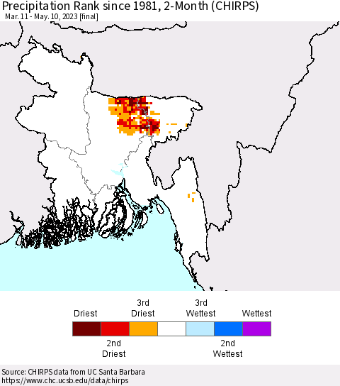 Bangladesh Precipitation Rank since 1981, 2-Month (CHIRPS) Thematic Map For 3/11/2023 - 5/10/2023