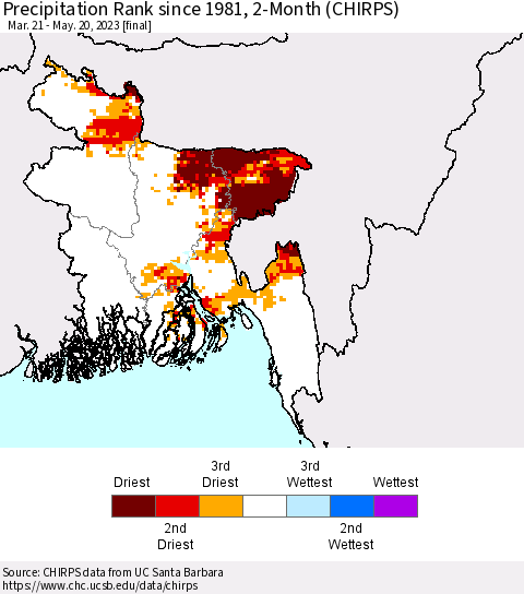Bangladesh Precipitation Rank since 1981, 2-Month (CHIRPS) Thematic Map For 3/21/2023 - 5/20/2023