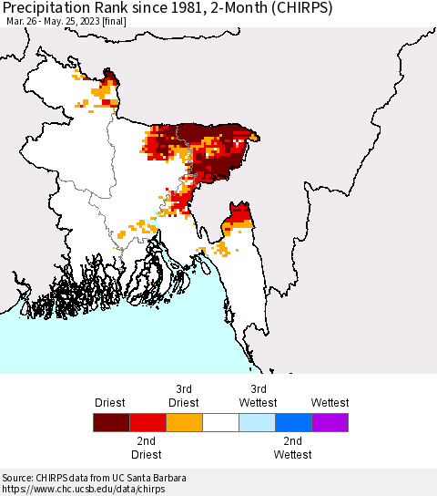 Bangladesh Precipitation Rank since 1981, 2-Month (CHIRPS) Thematic Map For 3/26/2023 - 5/25/2023