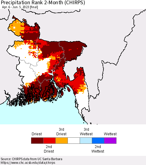 Bangladesh Precipitation Rank since 1981, 2-Month (CHIRPS) Thematic Map For 4/6/2023 - 6/5/2023