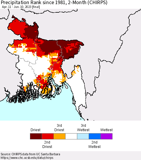 Bangladesh Precipitation Rank since 1981, 2-Month (CHIRPS) Thematic Map For 4/11/2023 - 6/10/2023