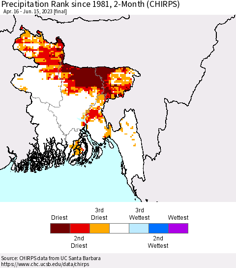 Bangladesh Precipitation Rank since 1981, 2-Month (CHIRPS) Thematic Map For 4/16/2023 - 6/15/2023