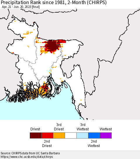Bangladesh Precipitation Rank since 1981, 2-Month (CHIRPS) Thematic Map For 4/21/2023 - 6/20/2023