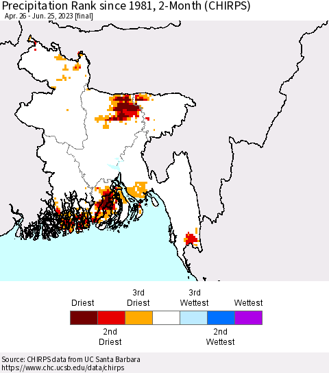Bangladesh Precipitation Rank since 1981, 2-Month (CHIRPS) Thematic Map For 4/26/2023 - 6/25/2023