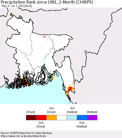Bangladesh Precipitation Rank since 1981, 2-Month (CHIRPS) Thematic Map For 5/6/2023 - 7/5/2023