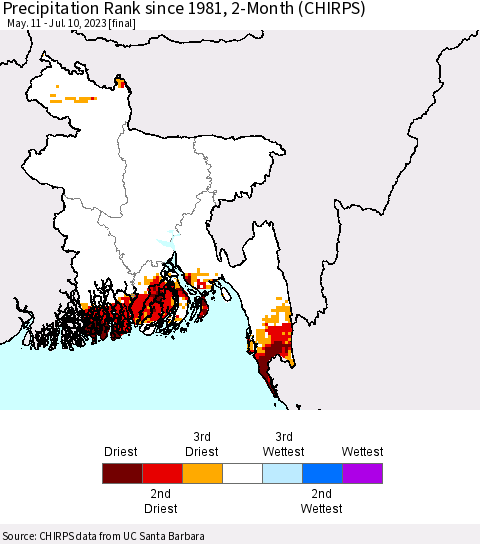 Bangladesh Precipitation Rank since 1981, 2-Month (CHIRPS) Thematic Map For 5/11/2023 - 7/10/2023