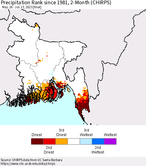 Bangladesh Precipitation Rank since 1981, 2-Month (CHIRPS) Thematic Map For 5/16/2023 - 7/15/2023