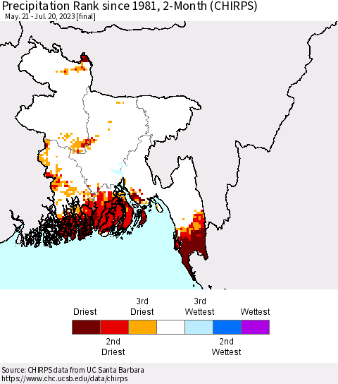Bangladesh Precipitation Rank since 1981, 2-Month (CHIRPS) Thematic Map For 5/21/2023 - 7/20/2023