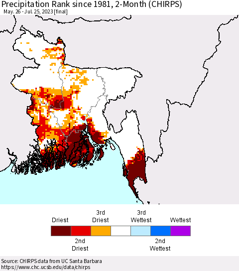 Bangladesh Precipitation Rank since 1981, 2-Month (CHIRPS) Thematic Map For 5/26/2023 - 7/25/2023