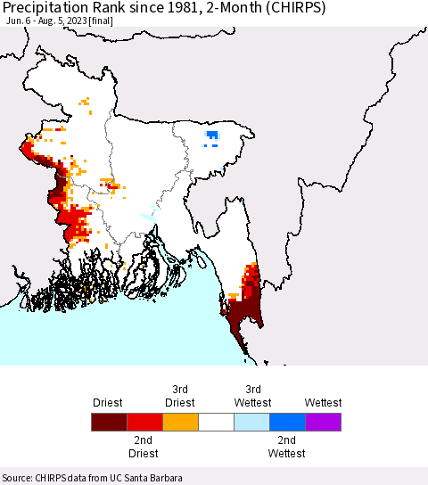 Bangladesh Precipitation Rank since 1981, 2-Month (CHIRPS) Thematic Map For 6/6/2023 - 8/5/2023