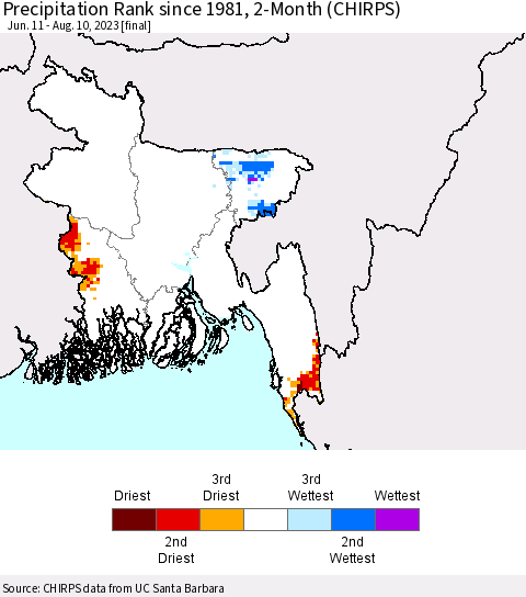 Bangladesh Precipitation Rank since 1981, 2-Month (CHIRPS) Thematic Map For 6/11/2023 - 8/10/2023